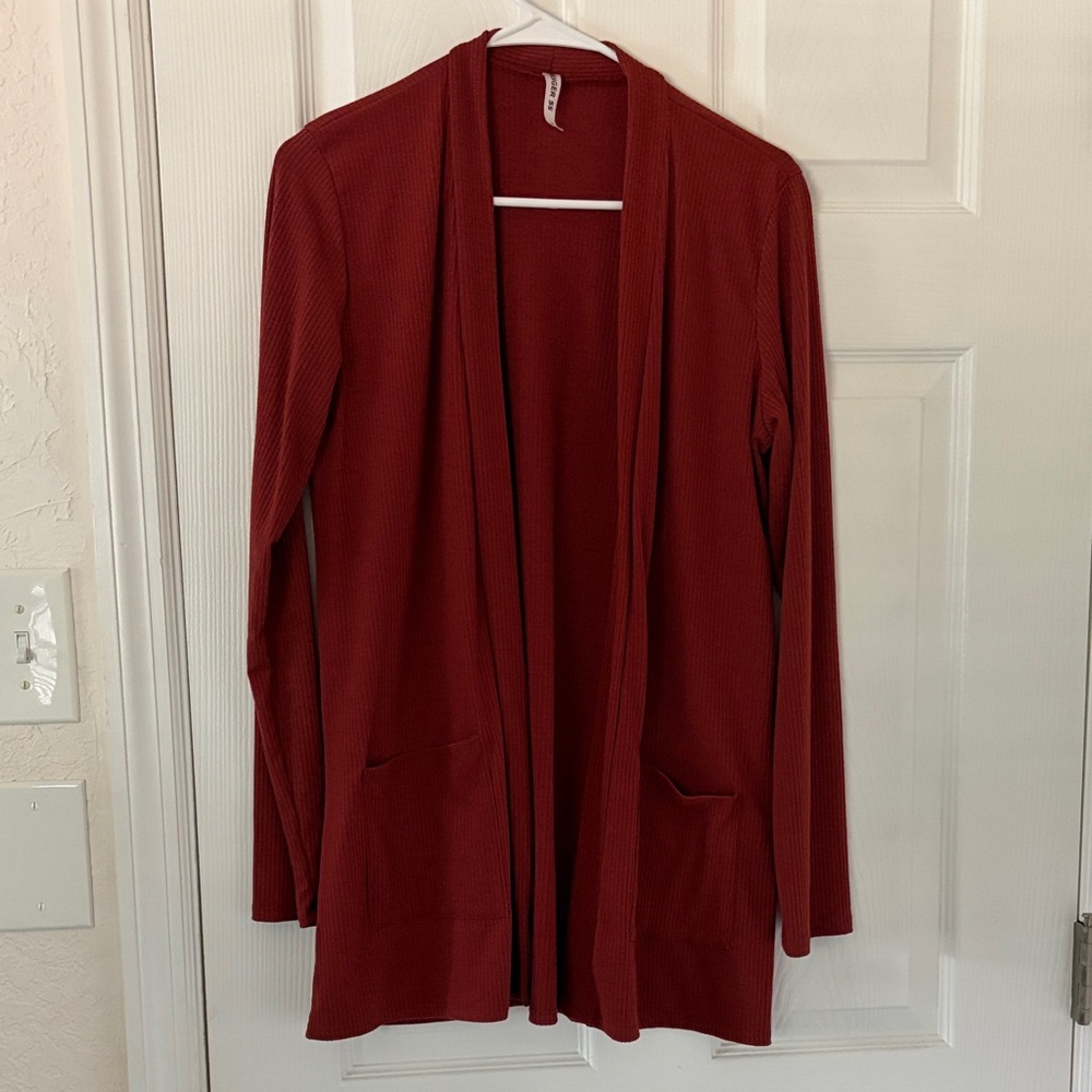 Elegant Open Front Cardigan Sweater - Rusty Red Ribbed